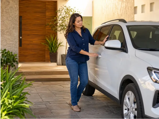 Mujer acercándose a su automóvil