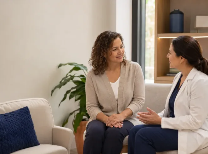Mujer conversando con una profesional de la salud